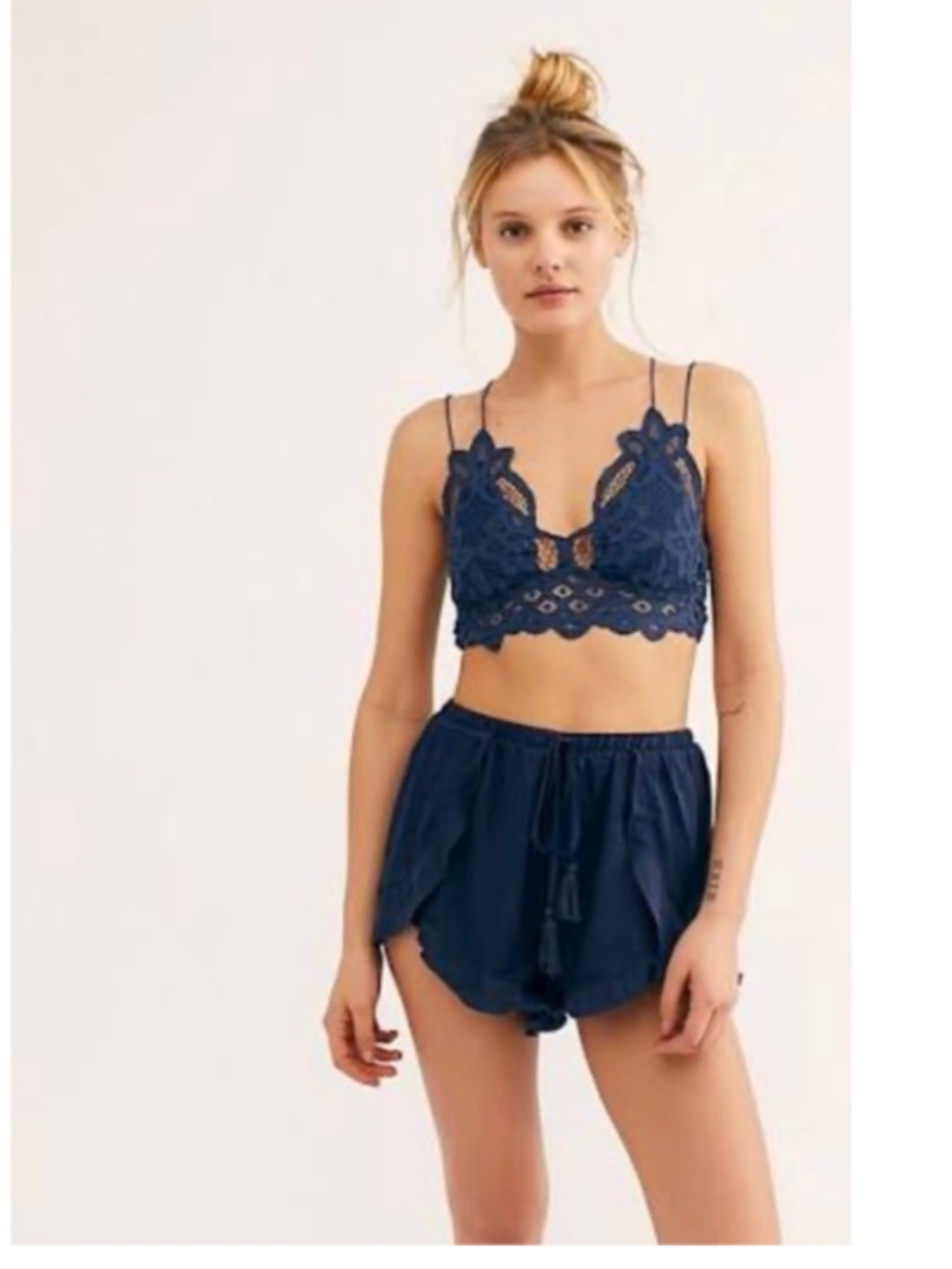 Free People One Adell Navy Crochet Lace Bralette Top Size M boho chic festival
